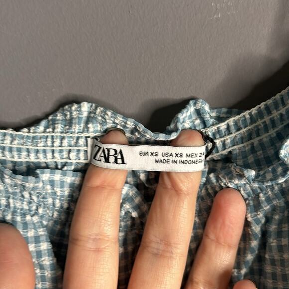 Zara Blue and White Gingham Romper With Ruffles and Tied Straps Size XS - Picture 6 of 8
